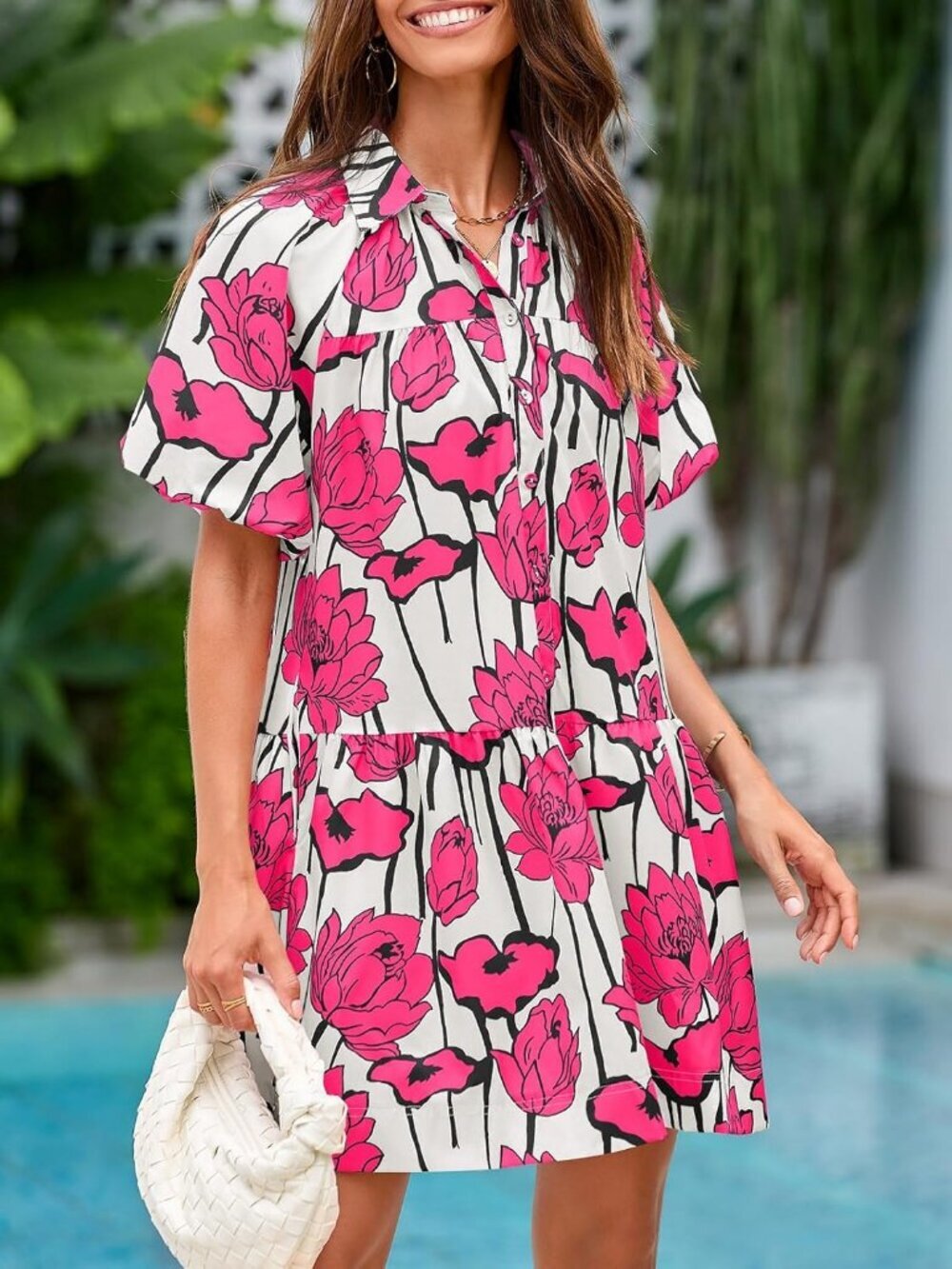 Women's Summer Button Down Rose Red Shirt Dress Floral Short Sleeve Mini Dress - Picture 5 of 5